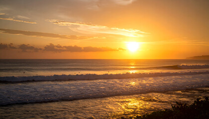 Sunset Ocean Waves Surfing Bali.