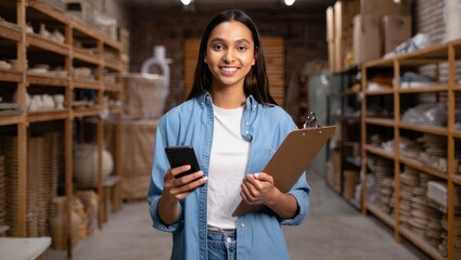 Woman warehouse worker using phone and clipboard for inventory management audit stock