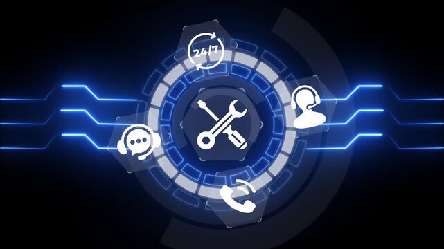 Global Tech Support, Customer Service icon isolated animation .Customer service assistance and support concept with digital communication icons.