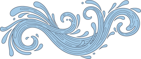 Fototapeta premium Ornate illustration of a flowing water wave with decorative swirls and splashes. A stylized vector graphic element.