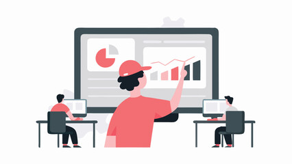 Illustration of a person pointing at a screen with charts while others work at computers nearby