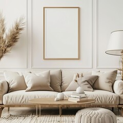 A minimalist living room interior with a beige sofa. a wooden coffee table. and a blank poster frame on the wall