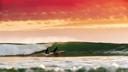 Two surfers riding a stunning ocean wave at vibrant sunset, perfect for travel and adventure campaigns or illustrating a healthy outdoor lifestyle