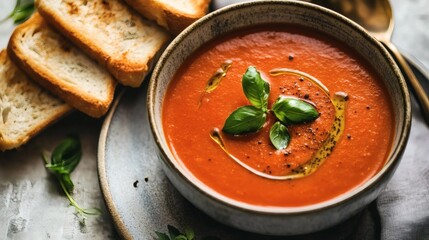 Close-up of a bowl of vibrant tomato soup with toasted bread.