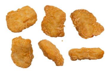 Golden brown breaded chicken nuggets arranged on a white background, perfect for fast food menus, packaging, or ads