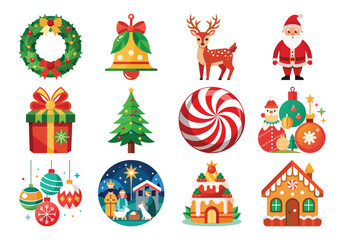 A Vector Collection of Christmas Icons and Illustrations Elements and Characters on white background