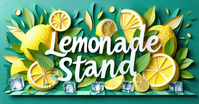 Bright lemonade stand illustration. Yellow lemons, ice cubes, green leaves create vibrant summer scene. Text reads Lemonade Stand.