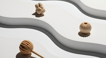 Abstract composition featuring three textured, light brown, wooden objects arranged on a white surface with gray, wavy lines.