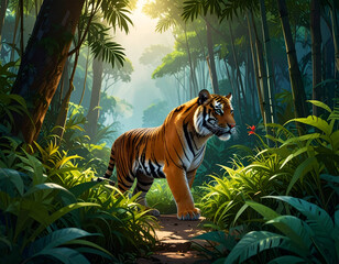 Tiger in Lush Jungle Path.