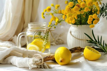 Lemon mimosa floral water in glass jar with ceramic pot, fresh still life on white background