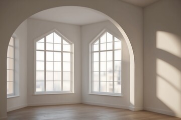 Fototapeta premium Empty Room Interior with Arched Windows and Sunlight - Modern Home Design Space