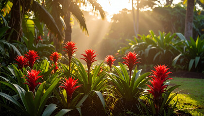 Tropical sunrise with red flowers, and garden.