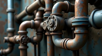 Complex system of rust-colored pipes with bends and joints, featuring a corroded valve. Lighting highlights texture and depth in this industrial close-up.
