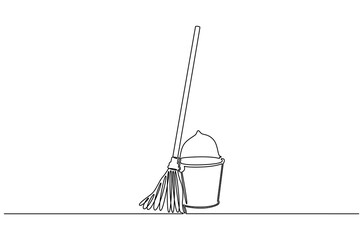 Continuous one line drawing of Cleaning mop and bucket. Single line drawing illustration of Mop and plastic bucket. Floor cleaning equipment concept vector art. Doodle line illustration.