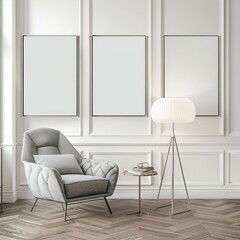 A comfortable grey armchair with a pillow sits next to a small table and a tall floor lamp in a living room with white walls and a wood floor