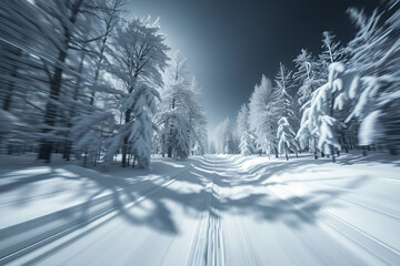 Winter Wonderland: Snowy Forest Road, Fast Motion,  Speed,  Trees, White, Landscape, Nature, Cold