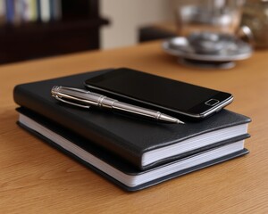 Creative workspace essentials notebook smartphone and pen on wooden desk home office still life minimalist view productivity focus