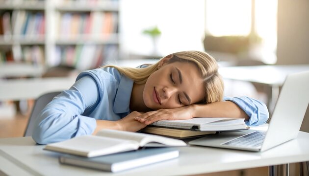 Sleepy student napping at a library desk