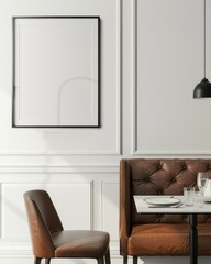 A single chair and booth with white plates. glasses. and silverware on a table in a dining room setting with a black frame and white walls