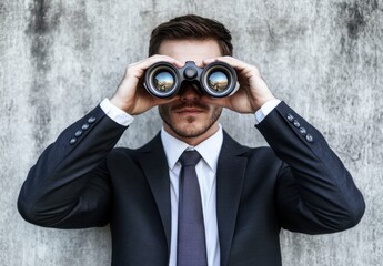 Focused young man in suit with binoculars against concrete wall business looking