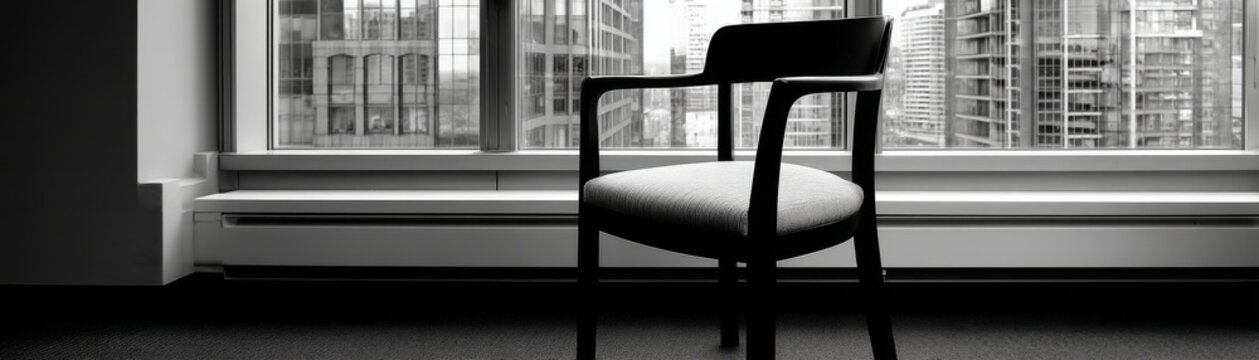Fototapeta Solitary chair by window urban office black and white photography modern environment minimalist view contemplation concept