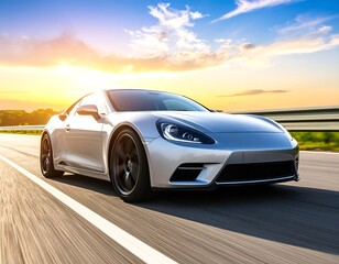 Sleek sports car on a highway at sunset