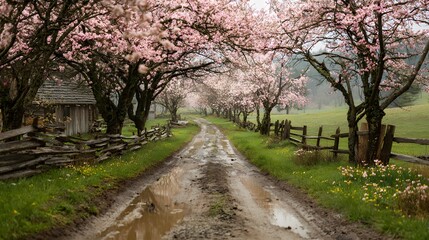 Fototapeta premium Springtime countryside blossoming cherry trees lining a muddy rural road soft green grass and wooden split rail fences on both sides peaceful warm morning light