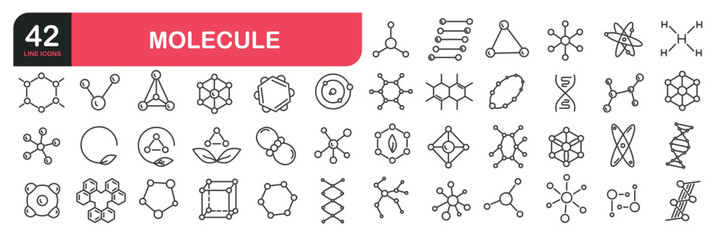 Set of line icons related to molecule structure, atom, scientific research, electron orbit, DNA chain, elements. Outline icons collection. Editable stroke. Vector illustration