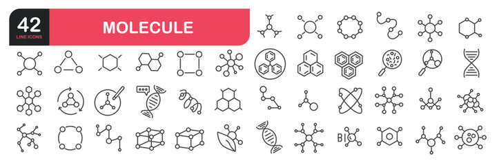 Set of line icons related to molecule structure, atom, scientific research, electron orbit, DNA chain, elements. Outline icons collection. Editable stroke. Vector illustration