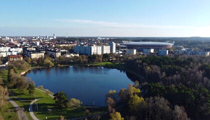 City park with lake, aerial view