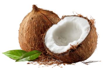Refreshing tropical summer coconut with natural husk texture and juicy white pulp, isolated on high‑resolution transparent PNG background, ideal cutout for exotic drink branding, beach vacation