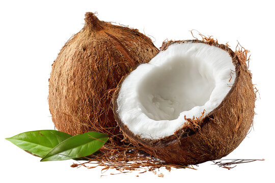 Refreshing tropical summer coconut with natural husk texture and juicy white pulp, isolated on high‑resolution transparent PNG background, ideal cutout for exotic drink branding, beach vacation