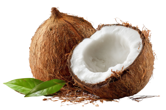 Refreshing tropical summer coconut with natural husk texture and juicy white pulp, isolated on high‑resolution transparent PNG background, ideal cutout for exotic drink branding, beach vacation