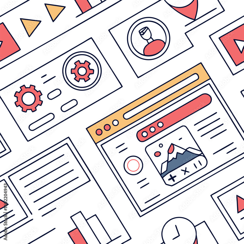 Poster a flat design illustration showcasing a seamless pattern of user interface elements and website comp