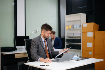 Confident businessman works on analytics, tax reports and financial research. Success, accounting and strategy