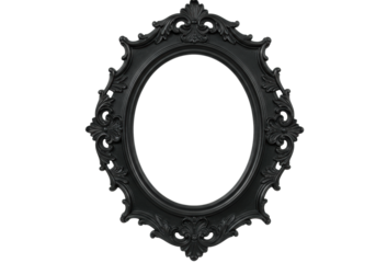 An antique, dark-finished, oval picture frame with baroque rococo scrollwork and floral patterns, empty, isolated on a pristine bright white background with copy space, no shadows, high angle shot.