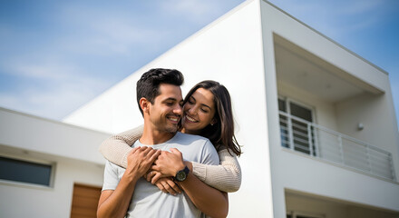 A smiling couple embraces affectionately in front of a modern white house with a clear blue sky in the background.
