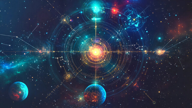 Planetary Alignment, Esoteric Planetary Alignment , Elegant celestial background with subtle stars and centered natal chart, muted blue and silver tones, Instagram ads for astro  