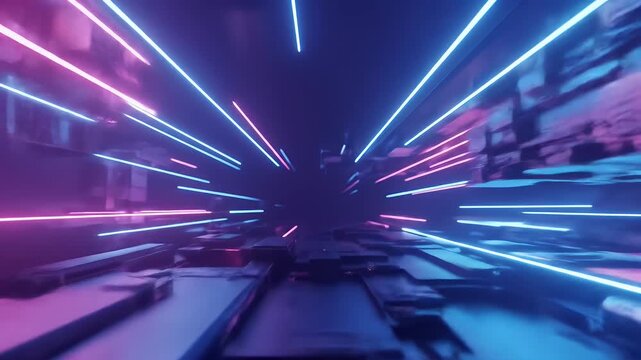 A dark tunnel with neon lights and a textured floor