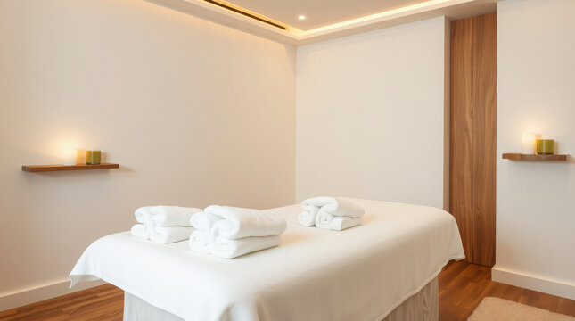 Elegant and serene massage room in a luxury spa with minimalist decor, white towels, ambient lighting, wooden elements, and a tranquil atmosphere for wellness and relaxation.