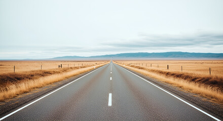 Fototapeta premium A long, straight asphalt road stretches through a vast, dry, grassy plain towards distant mountains under a cloudy sky.