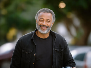 African American man with gray beard, wearing black jacket, smiling warmly outdoors, surrounded by greenery, showcasing a friendly demeanor and positive energy in a casual setting
