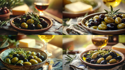 Greek Olive Harvest – Farm-Grown Green and Black Olives with Rosemary in Rustic Bowl for Blogs, Mediterranean Diet Education, Recipe Sites, Harvest Festivals,Plate of Olives – Aperitivo & Wine Bar 