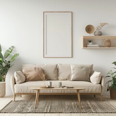 Minimalist living room with a beige sofa. wooden coffee table. and a large empty frame on the wall