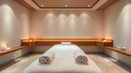 Elegant and serene massage room in a luxury spa with minimalist decor, white towels, ambient lighting, wooden elements, and a tranquil atmosphere for wellness and relaxation.