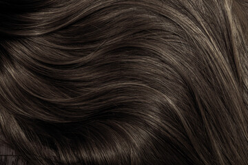 Fototapeta premium Brown hair close-up as a background. Women's long brown hair. Beautifully styled wavy shiny curls. Hair coloring. Hairdressing procedures, extension.