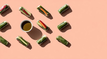 Fresh veggie rolls, dipping sauce, peach background, sunlight