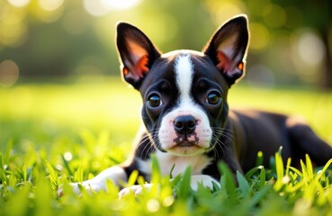 Fototapeta premium Adorable black and white Boston terrier puppy lying on green grass outdoors