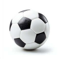 A classic black and white soccer ball, perfectly spherical, sits on a stark white background, casting a subtle shadow.  Its pentagonal and hexagonal panels are clearly defined