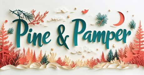 Papercraft forest scene. Text reads Pine Pamper. Warm colors dominate, with teal accents. Delicate design evokes nature, tranquility.